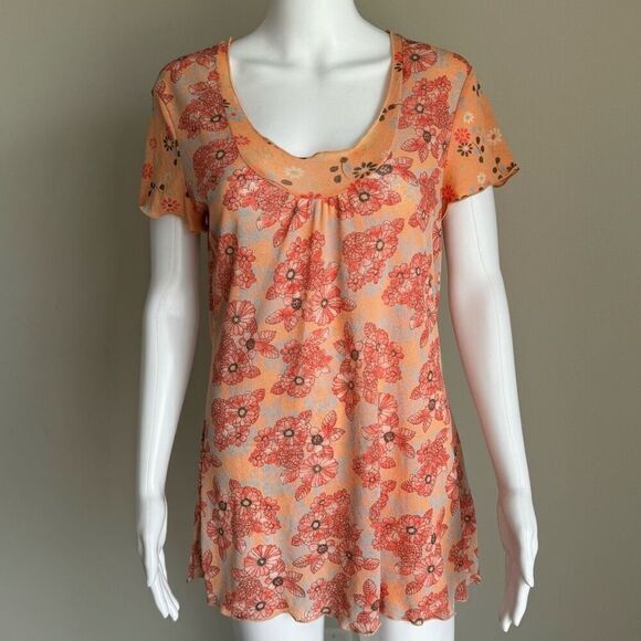 J. Jill Pink & Orange Floral Semi Sheer Mesh Lettuce Hem Scoop Neck Top - Picture 1 of 7